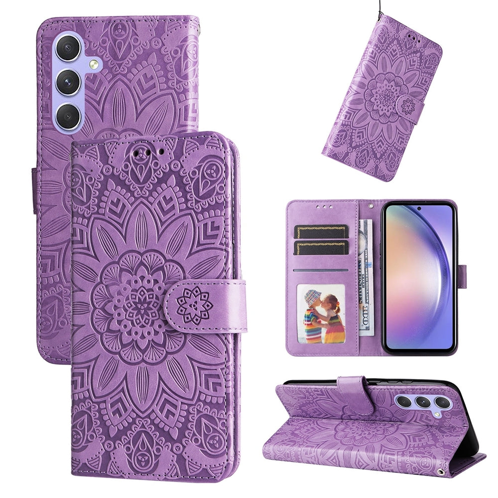 Samsung Galaxy M54 5G Sunflower Embossed Leather Wallet Phone Case with Kickstand and Card Holder