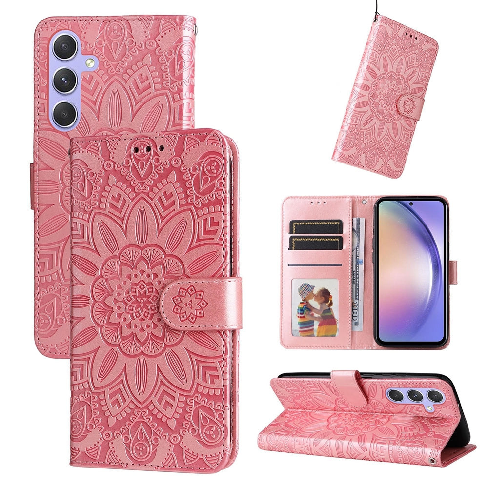 Samsung Galaxy M54 5G Sunflower Embossed Leather Wallet Phone Case with Kickstand and Card Holder