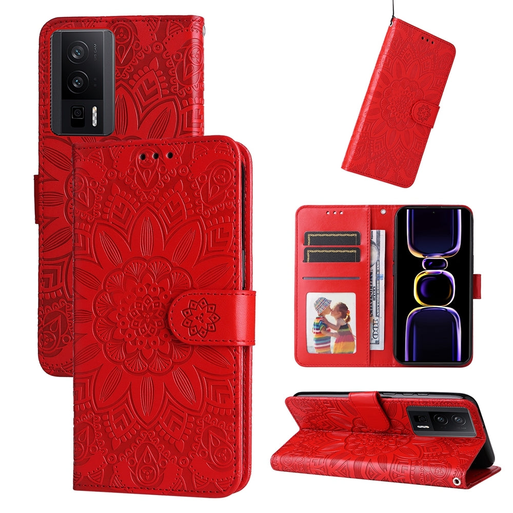 Xiaomi Redmi K60 Sunflower Embossed Leather Wallet Phone Case with Kickstand and Card Holder