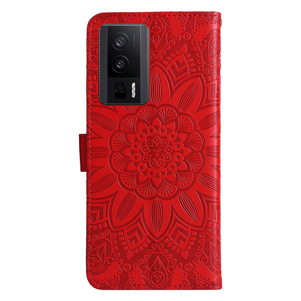 Xiaomi Redmi K60 Sunflower Embossed Leather Wallet Phone Case with Kickstand and Card Holder