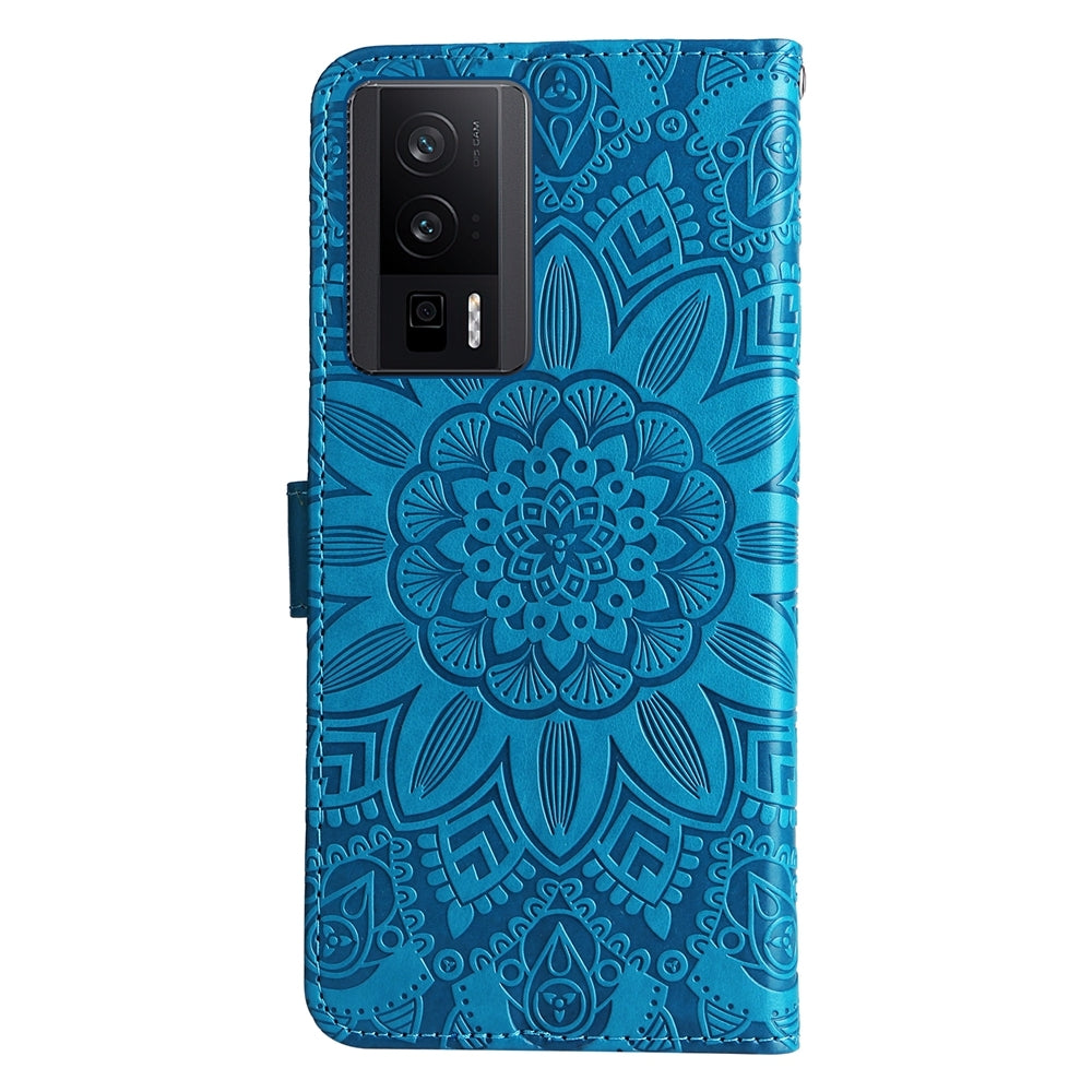 Xiaomi Redmi K60 Sunflower Embossed Leather Wallet Phone Case with Kickstand and Card Holder