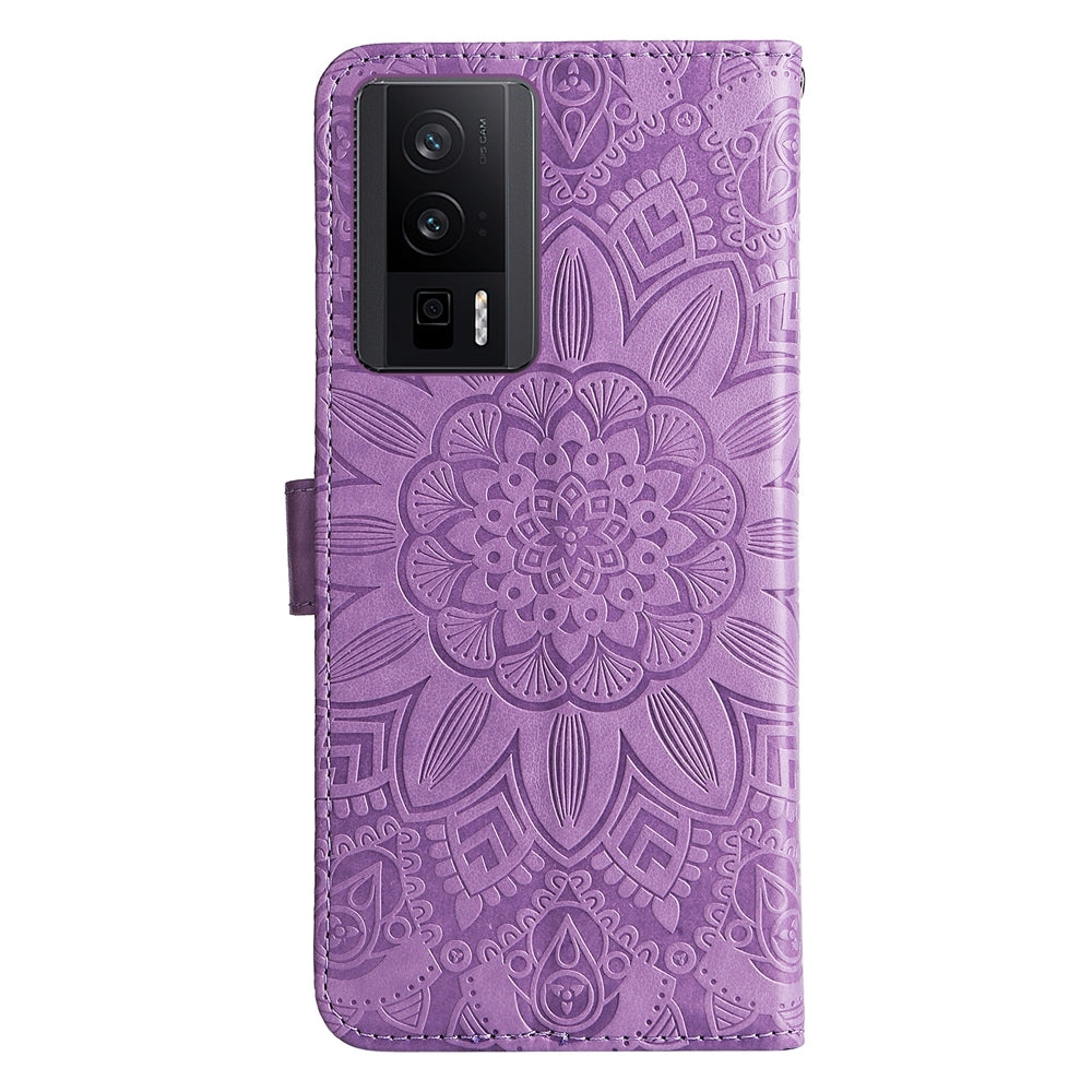 Xiaomi Redmi K60 Sunflower Embossed Leather Wallet Phone Case with Kickstand and Card Holder