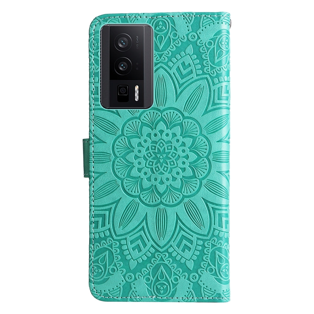 Xiaomi Redmi K60 Sunflower Embossed Leather Wallet Phone Case with Kickstand and Card Holder