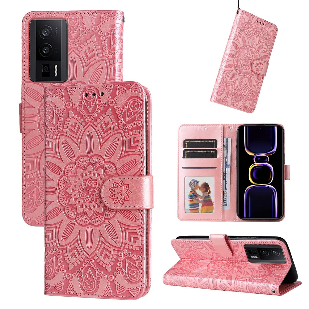 Xiaomi Redmi K60 Sunflower Embossed Leather Wallet Phone Case with Kickstand and Card Holder