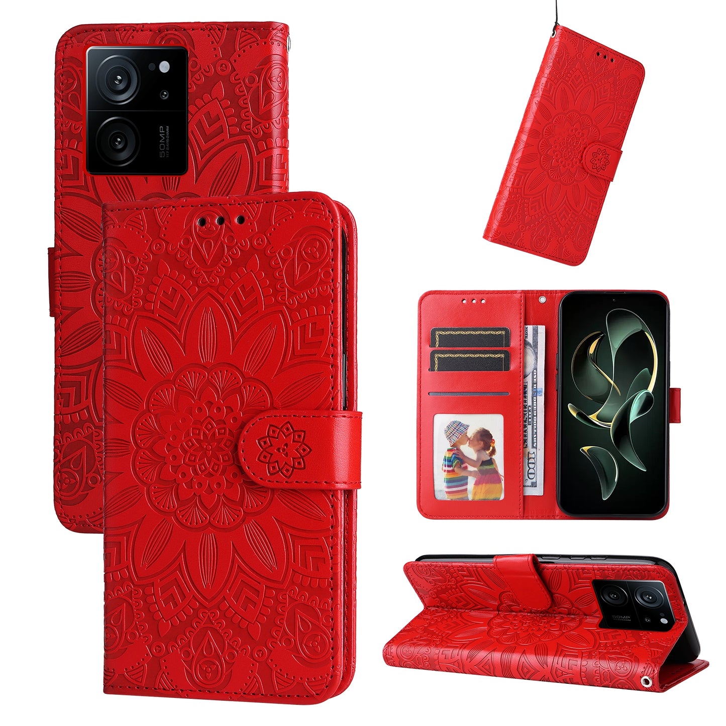 Xiaomi 13T Sunflower Embossed Leather Wallet Phone Case with Kickstand and Card Holder