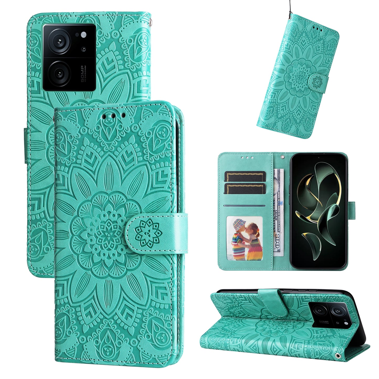 Xiaomi 13T Sunflower Embossed Leather Wallet Phone Case with Kickstand and Card Holder