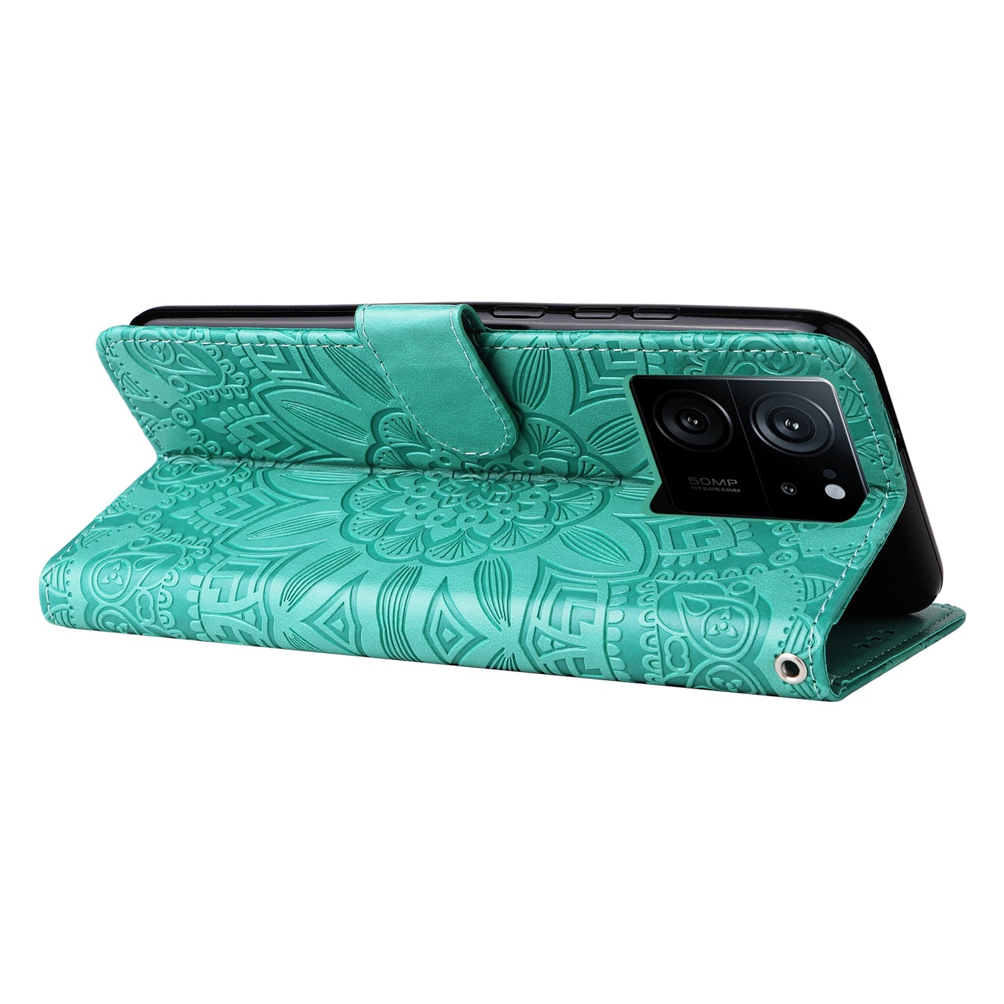 Xiaomi 13T Sunflower Embossed Leather Wallet Phone Case with Kickstand and Card Holder