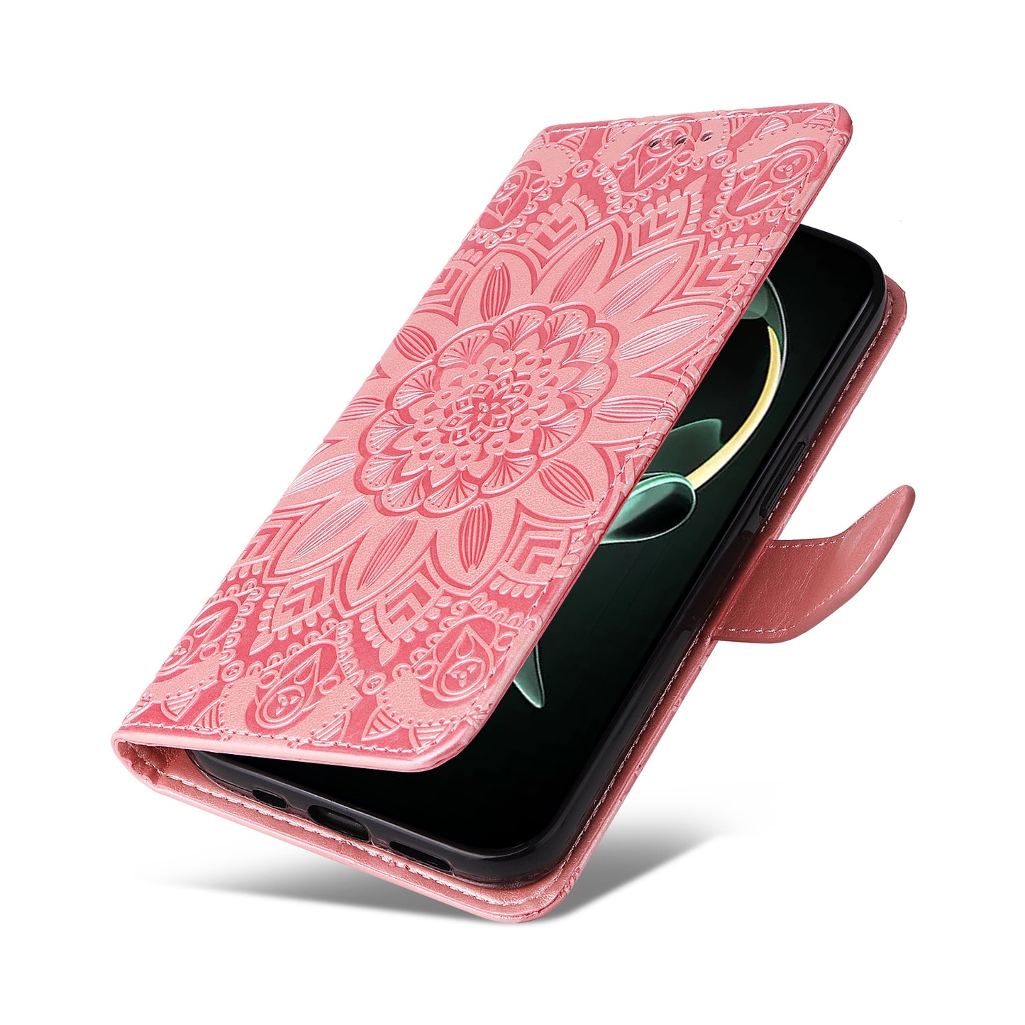 Xiaomi 13T Sunflower Embossed Leather Wallet Phone Case with Kickstand and Card Holder