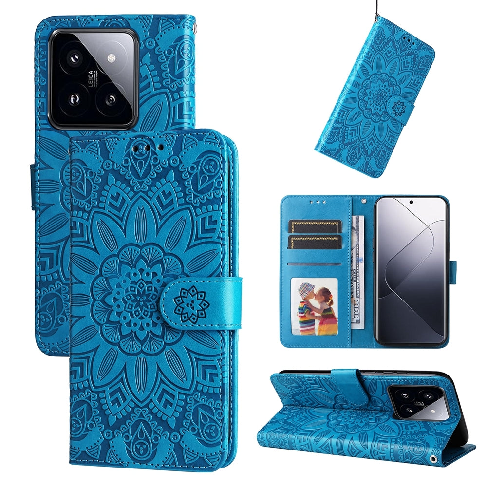 Xiaomi 14 Pro Sunflower Embossed Leather Wallet Phone Case with Kickstand and Card Holder