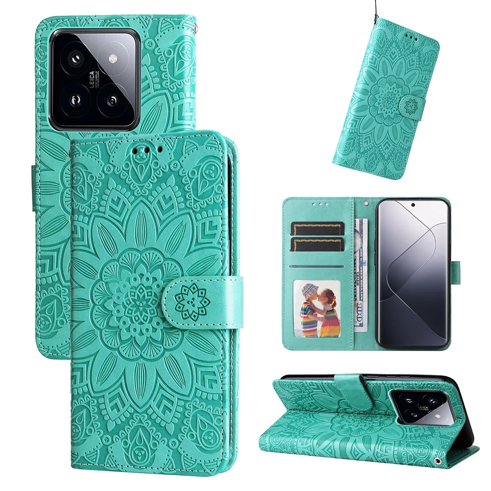 Xiaomi 14 Pro Sunflower Embossed Leather Wallet Phone Case with Kickstand and Card Holder