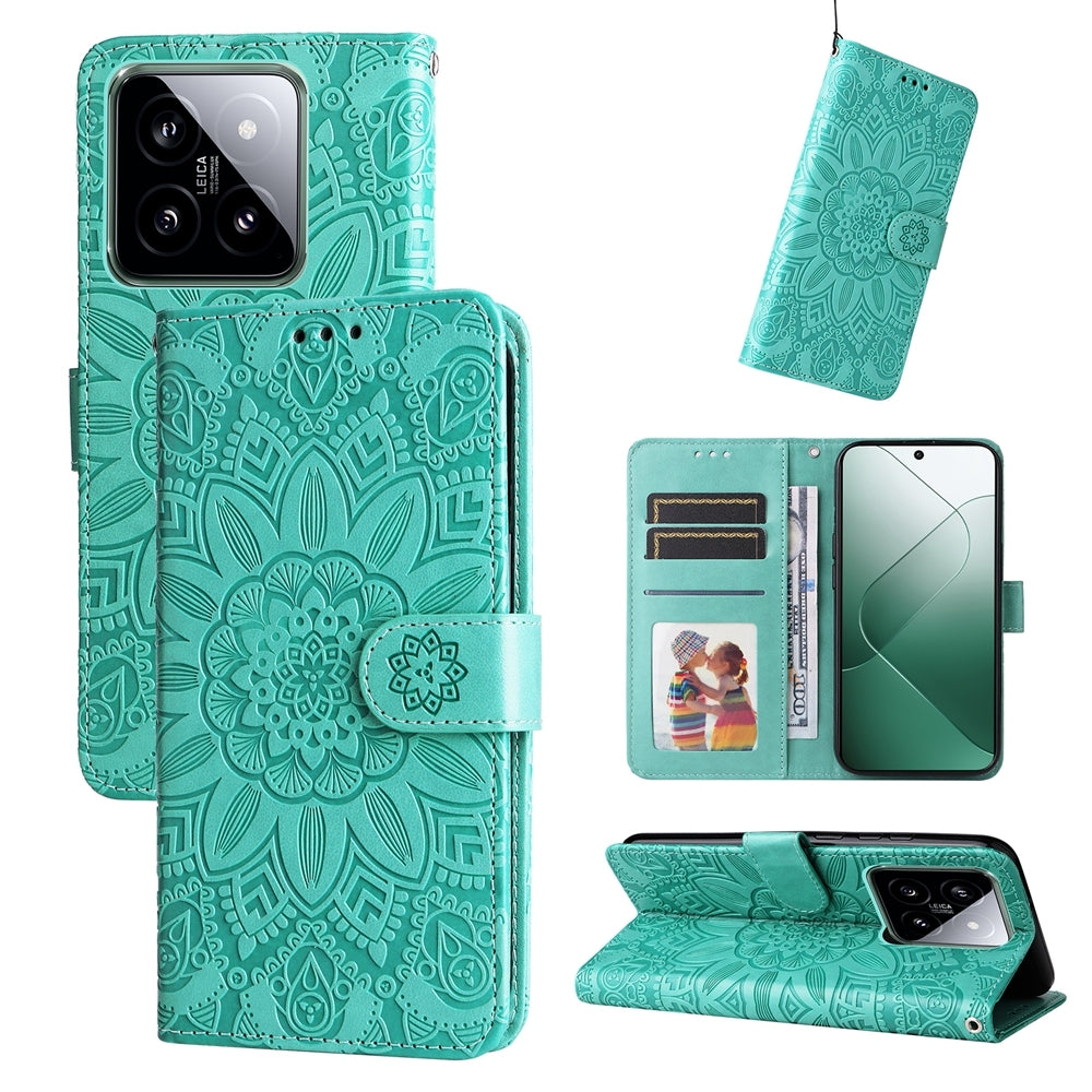 Xiaomi 14 Sunflower Embossed Leather Wallet Phone Case with Kickstand and Card Holder