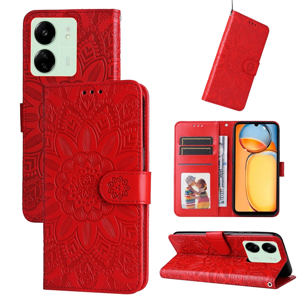 Xiaomi Redmi 13C 4G Sunflower Embossed Leather Wallet Phone Case with Kickstand and Card Holder