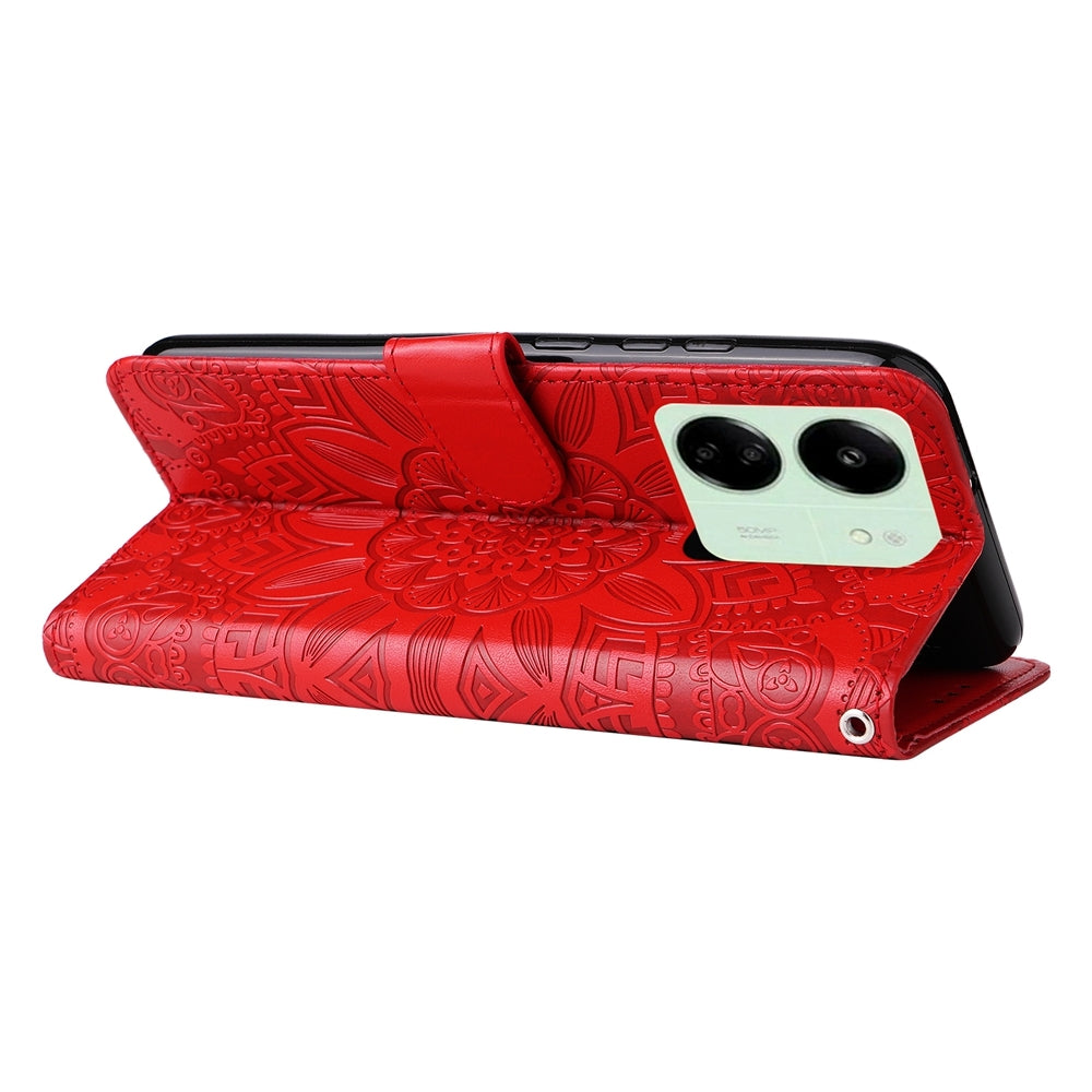 Xiaomi Redmi 13C 4G Sunflower Embossed Leather Wallet Phone Case with Kickstand and Card Holder