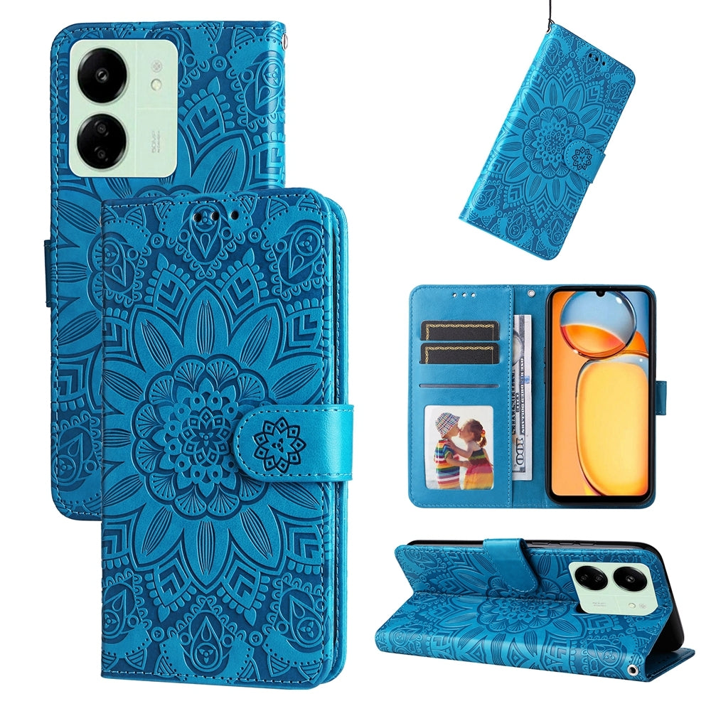 Xiaomi Redmi 13C 4G Sunflower Embossed Leather Wallet Phone Case with Kickstand and Card Holder