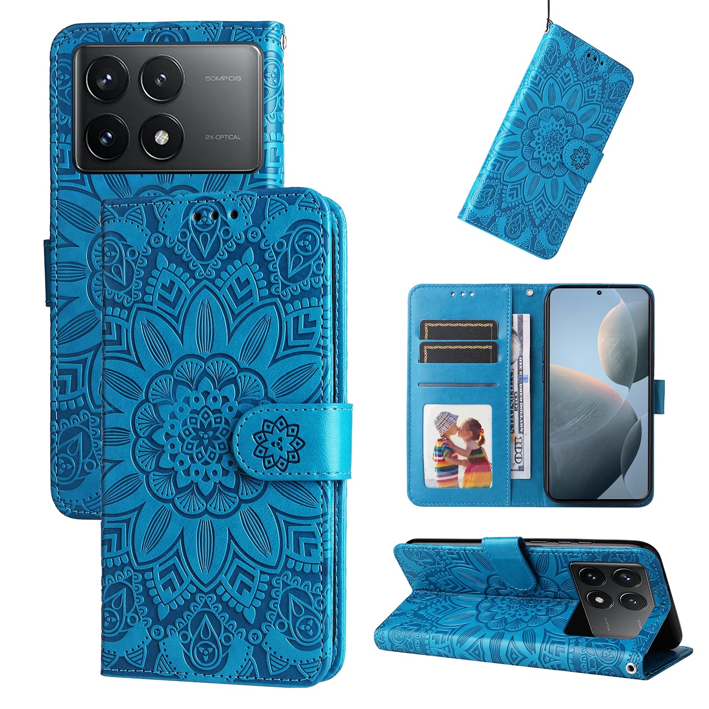 Xiaomi Redmi K70 Sunflower Embossed Leather Wallet Phone Case with Kickstand and Card Holder