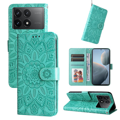 Xiaomi Redmi K70 Sunflower Embossed Leather Wallet Phone Case with Kickstand and Card Holder