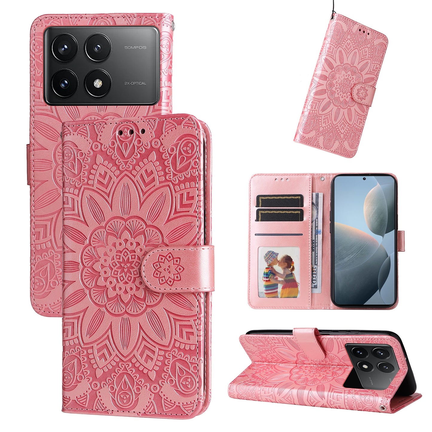 Xiaomi Redmi K70 Pro Sunflower Embossed Leather Wallet Phone Case with Kickstand and Card Holder