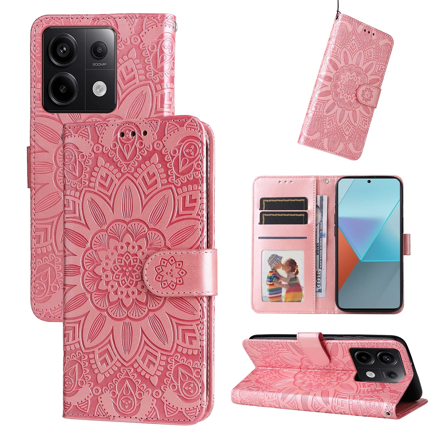 Xiaomi Redmi Note13 Pro 5G Global Sunflower Embossed Leather Wallet Phone Case with Kickstand and Card Holder