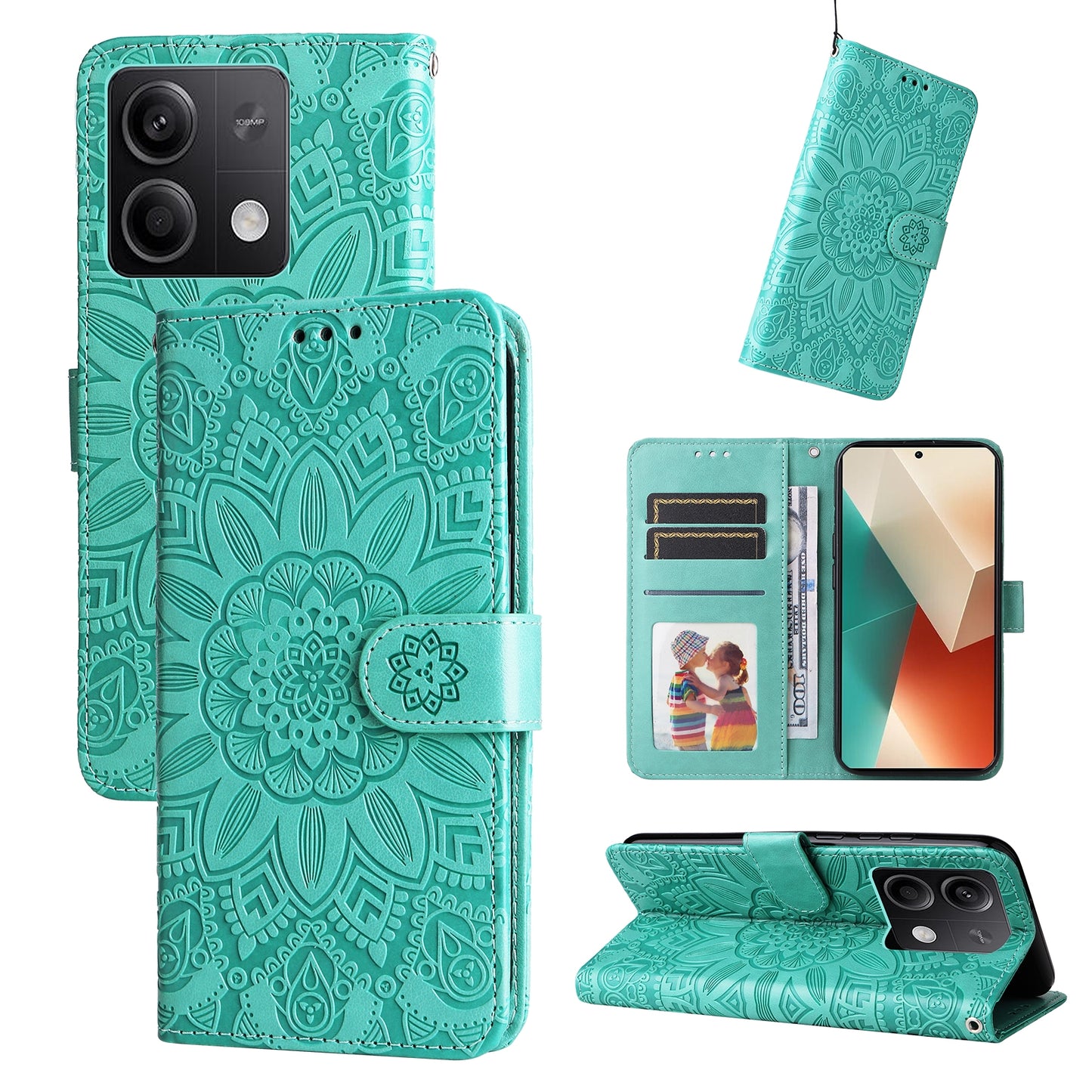 Xiaomi Redmi Note13 5G Global Sunflower Embossed Leather Wallet Phone Case with Kickstand and Card Holder