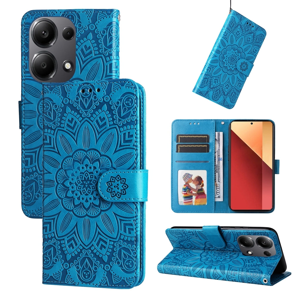 Xiaomi Redmi Note 13 Pro 4G Global Sunflower Embossed Leather Wallet Phone Case with Kickstand and Card Holder