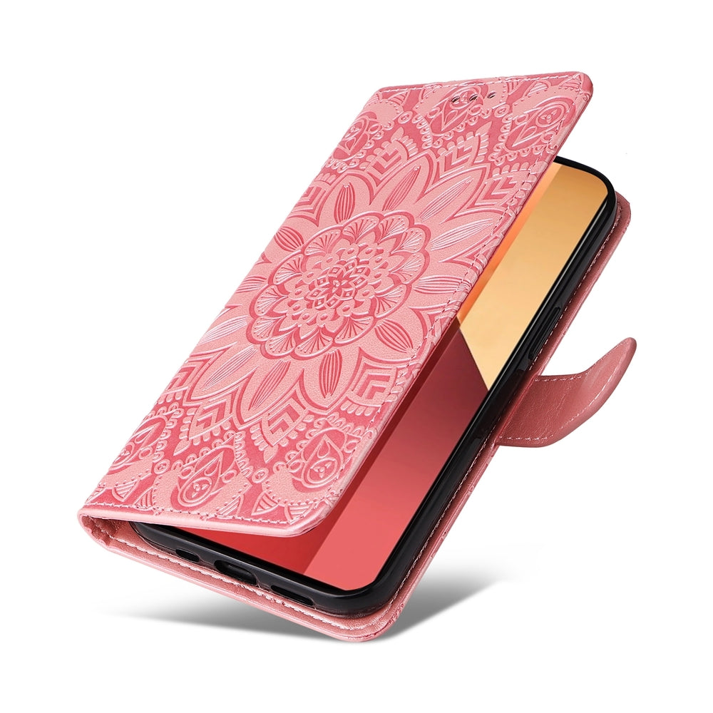 Xiaomi Redmi Note 13 Pro 4G Global Sunflower Embossed Leather Wallet Phone Case with Kickstand and Card Holder