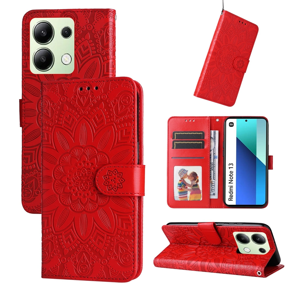 Xiaomi Redmi Note13 4G Sunflower Embossed Leather Wallet Phone Case with Kickstand and Card Holder