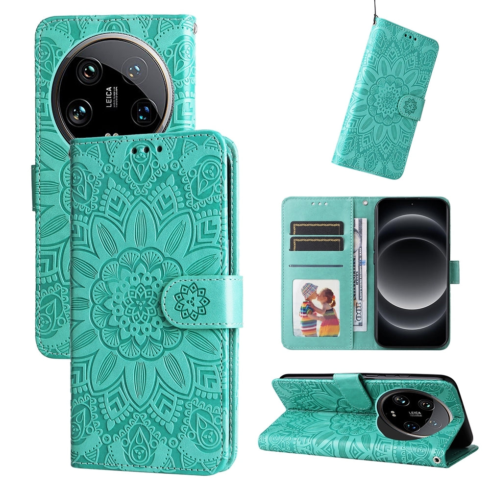 Xiaomi 14 Ultra Sunflower Embossed Leather Wallet Phone Case with Kickstand and Card Holder