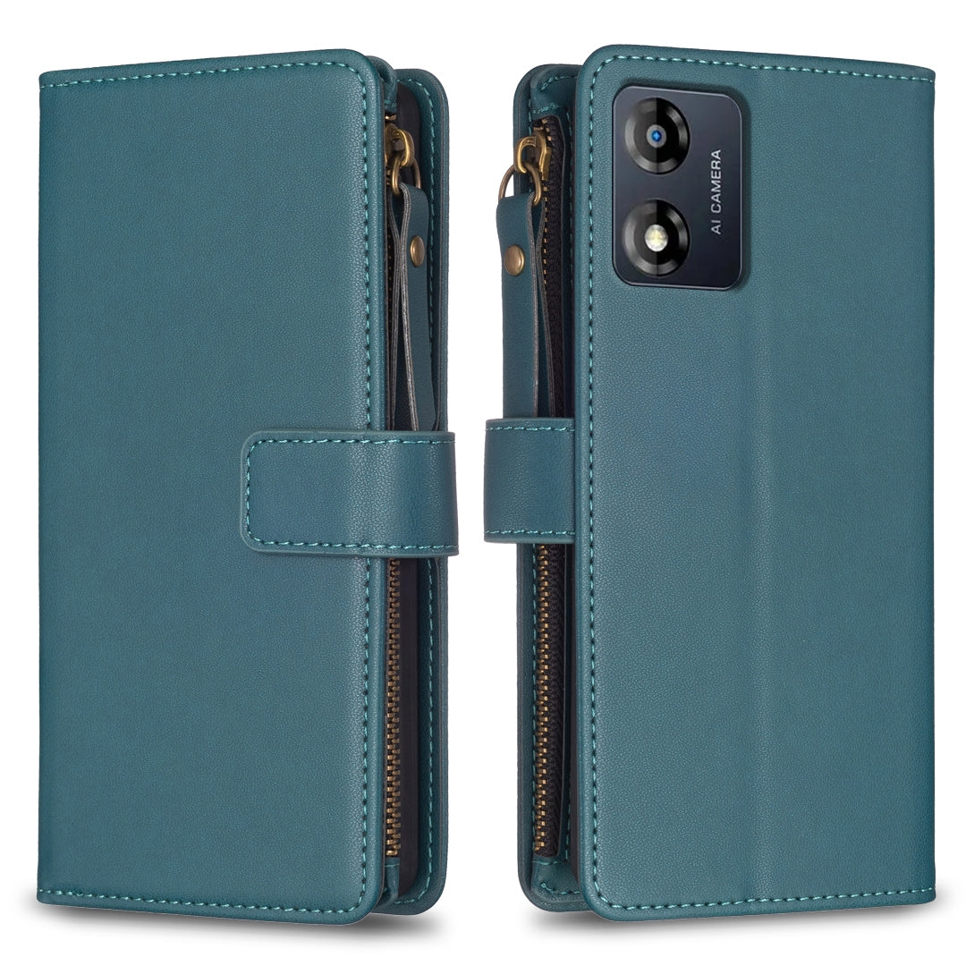 Motorola Moto E13 4G Leather Flip Phone Case with Zipper Wallet and 9 Card Slots, Durable PU + TPU Material