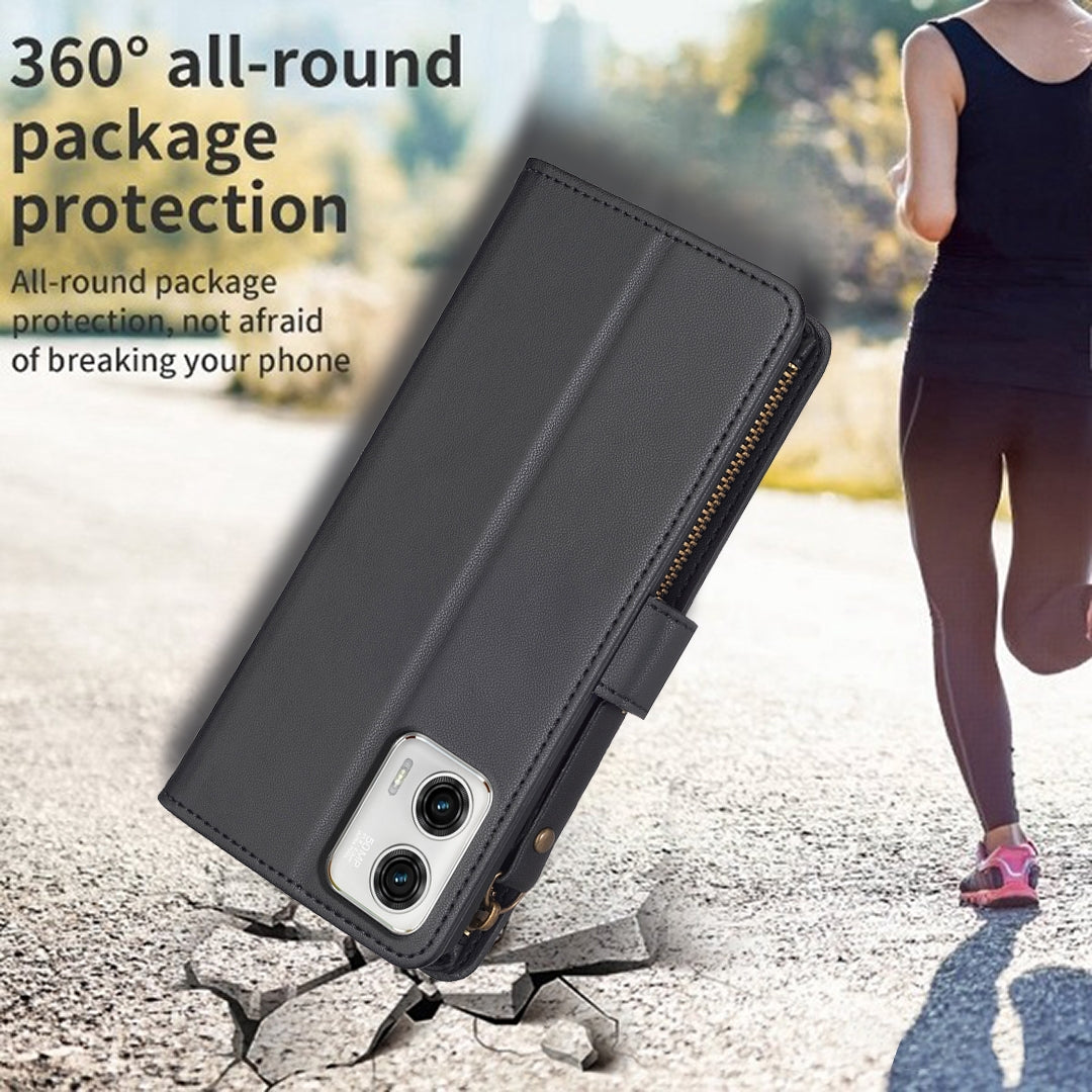 Motorola Moto G73 5G Leather Flip Phone Case with Zipper Wallet and 9 Card Slots, Durable PU + TPU Material