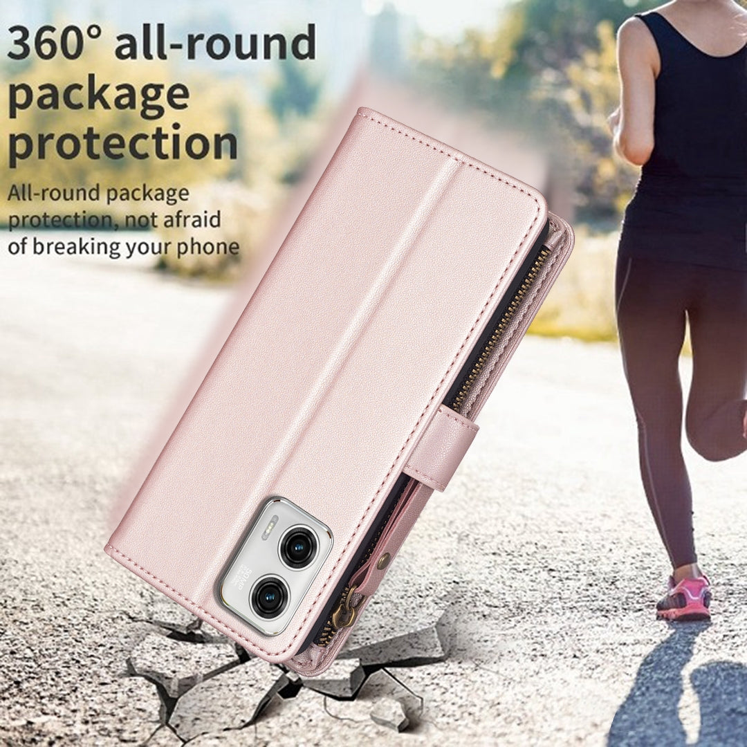 Motorola Moto G73 5G Leather Flip Phone Case with Zipper Wallet and 9 Card Slots, Durable PU + TPU Material