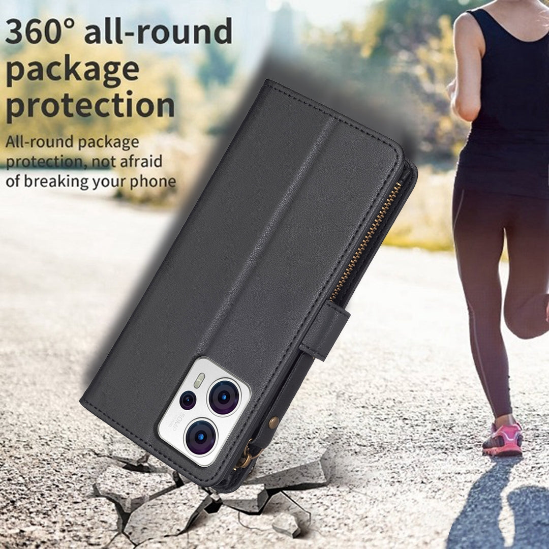 Motorola Moto G23 4G Leather Flip Phone Case with Zipper Wallet and 9 Card Slots, Durable PU + TPU Material