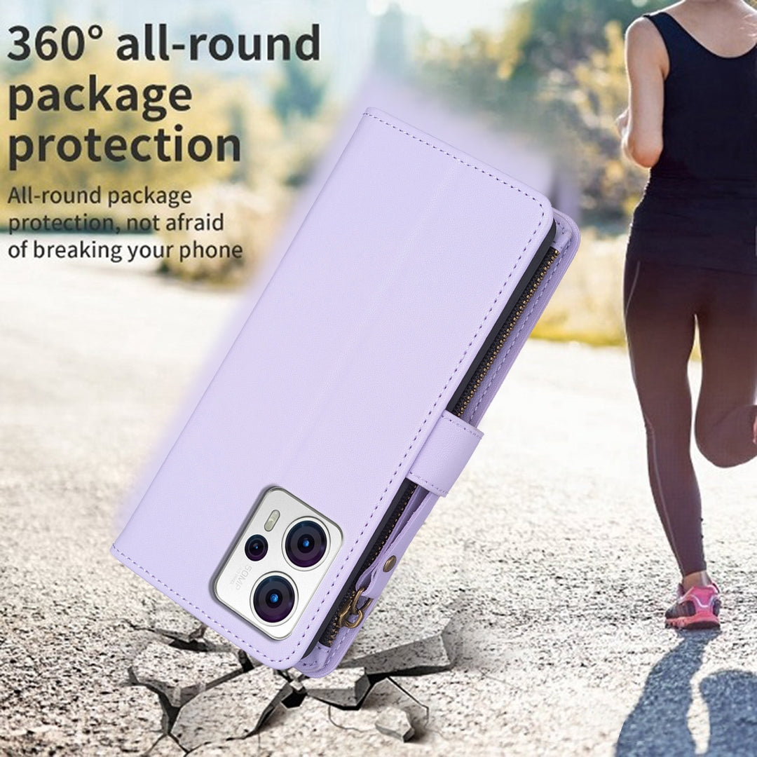 Motorola Moto G23 4G Leather Flip Phone Case with Zipper Wallet and 9 Card Slots, Durable PU + TPU Material