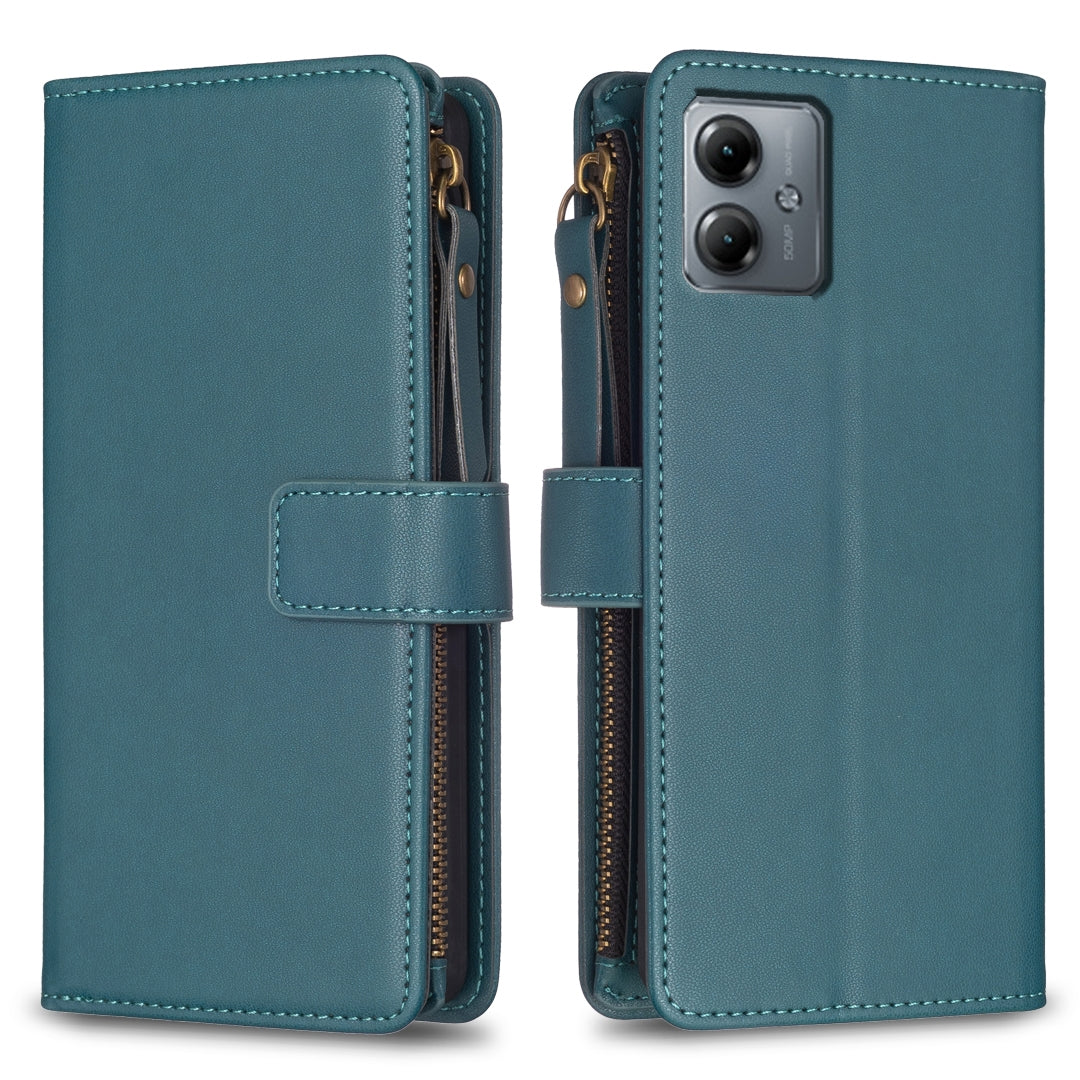 Motorola Moto G14 4G Leather Flip Phone Case with Zipper Wallet and 9 Card Slots, Durable PU + TPU Material