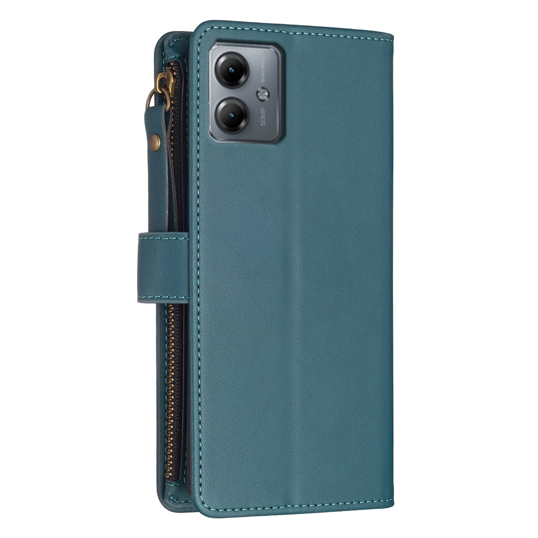 Motorola Moto G14 4G Leather Flip Phone Case with Zipper Wallet and 9 Card Slots, Durable PU + TPU Material