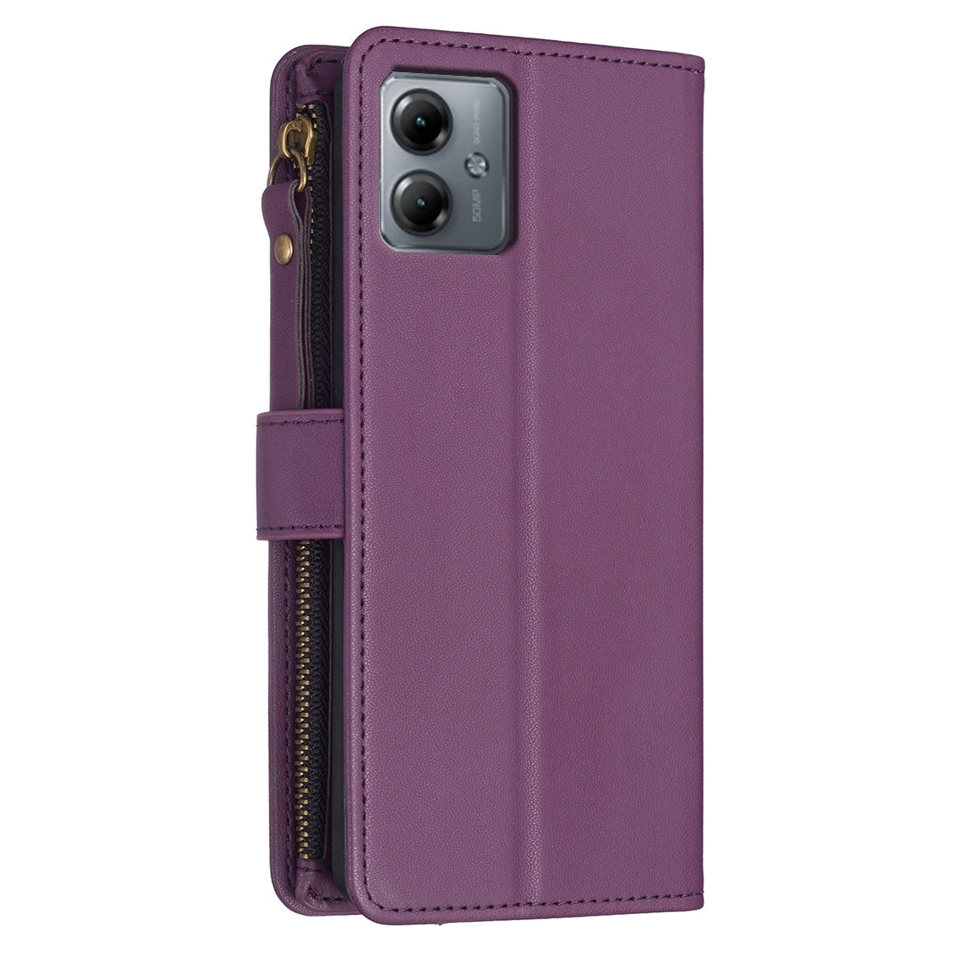 Motorola Moto G14 4G Leather Flip Phone Case with Zipper Wallet and 9 Card Slots, Durable PU + TPU Material
