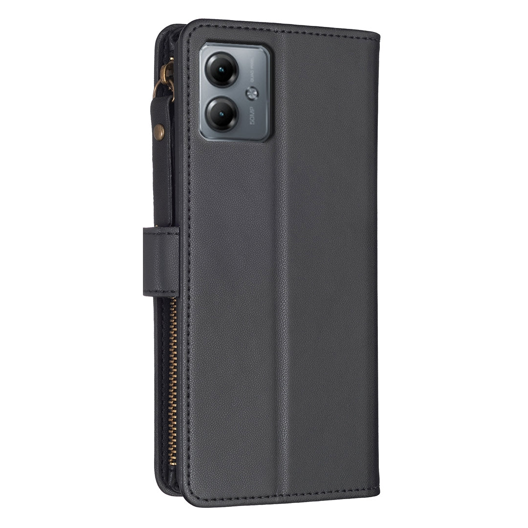 Motorola Moto G14 4G Leather Flip Phone Case with Zipper Wallet and 9 Card Slots, Durable PU + TPU Material