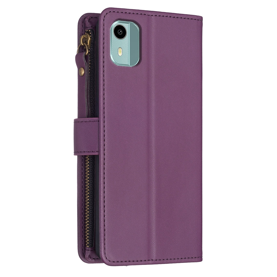 Nokia C12 Leather Flip Phone Case with Zipper Wallet and 9 Card Slots, Durable PU + TPU Material