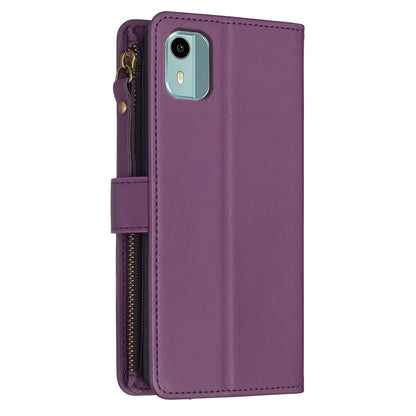 Nokia C12 Leather Flip Phone Case with Zipper Wallet and 9 Card Slots, Durable PU + TPU Material