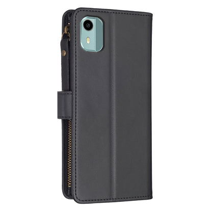 Nokia C12 Leather Flip Phone Case with Zipper Wallet and 9 Card Slots, Durable PU + TPU Material