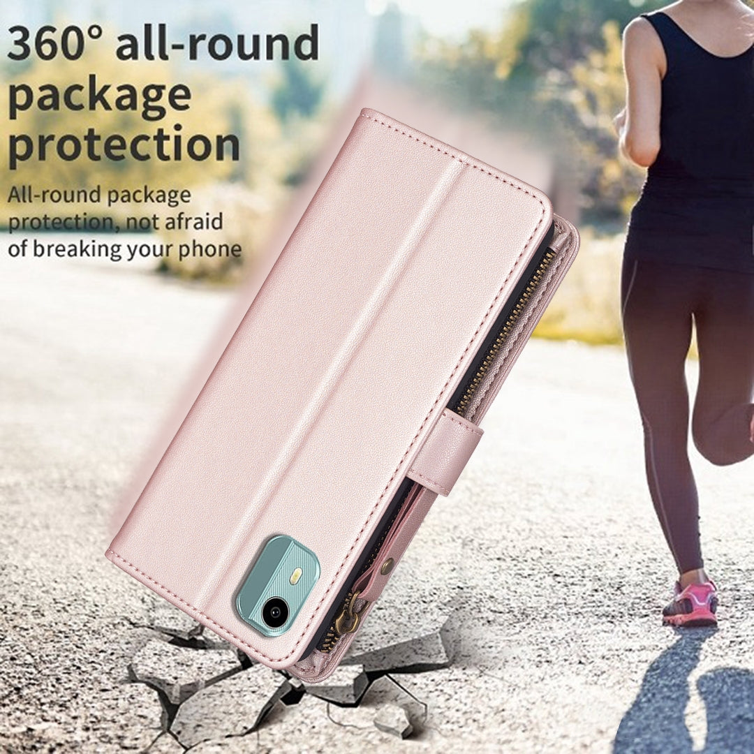 Nokia C12 Leather Flip Phone Case with Zipper Wallet and 9 Card Slots, Durable PU + TPU Material