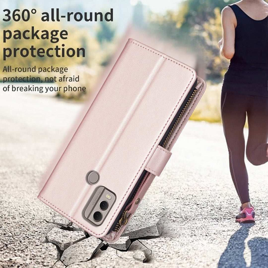 Nokia C22 Leather Flip Phone Case with Zipper Wallet and 9 Card Slots, Durable PU + TPU Material