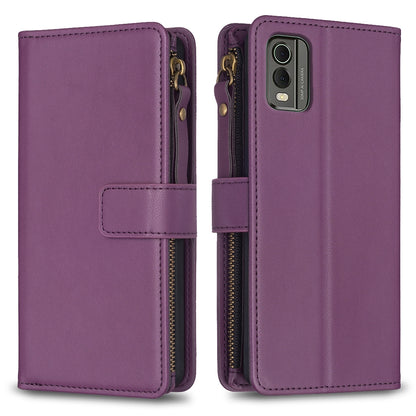 For Nokia C32 Leather Flip Phone Case with Zipper Wallet and 9 Card Slots, Durable PU + TPU Material