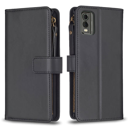 For Nokia C32 Leather Flip Phone Case with Zipper Wallet and 9 Card Slots, Durable PU + TPU Material