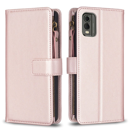 For Nokia C32 Leather Flip Phone Case with Zipper Wallet and 9 Card Slots, Durable PU + TPU Material