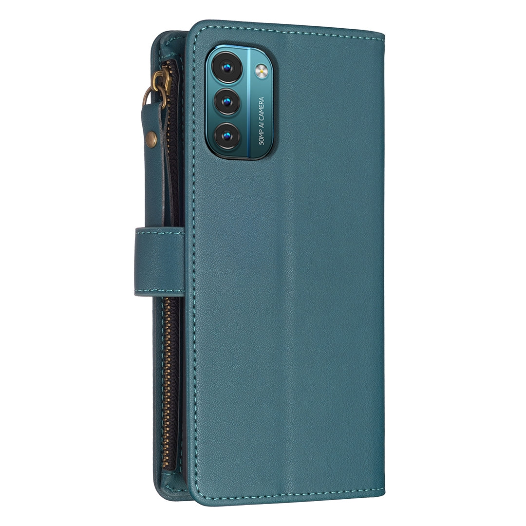 Nokia G21 Leather Flip Phone Case with Zipper Wallet and 9 Card Slots, Durable PU + TPU Material