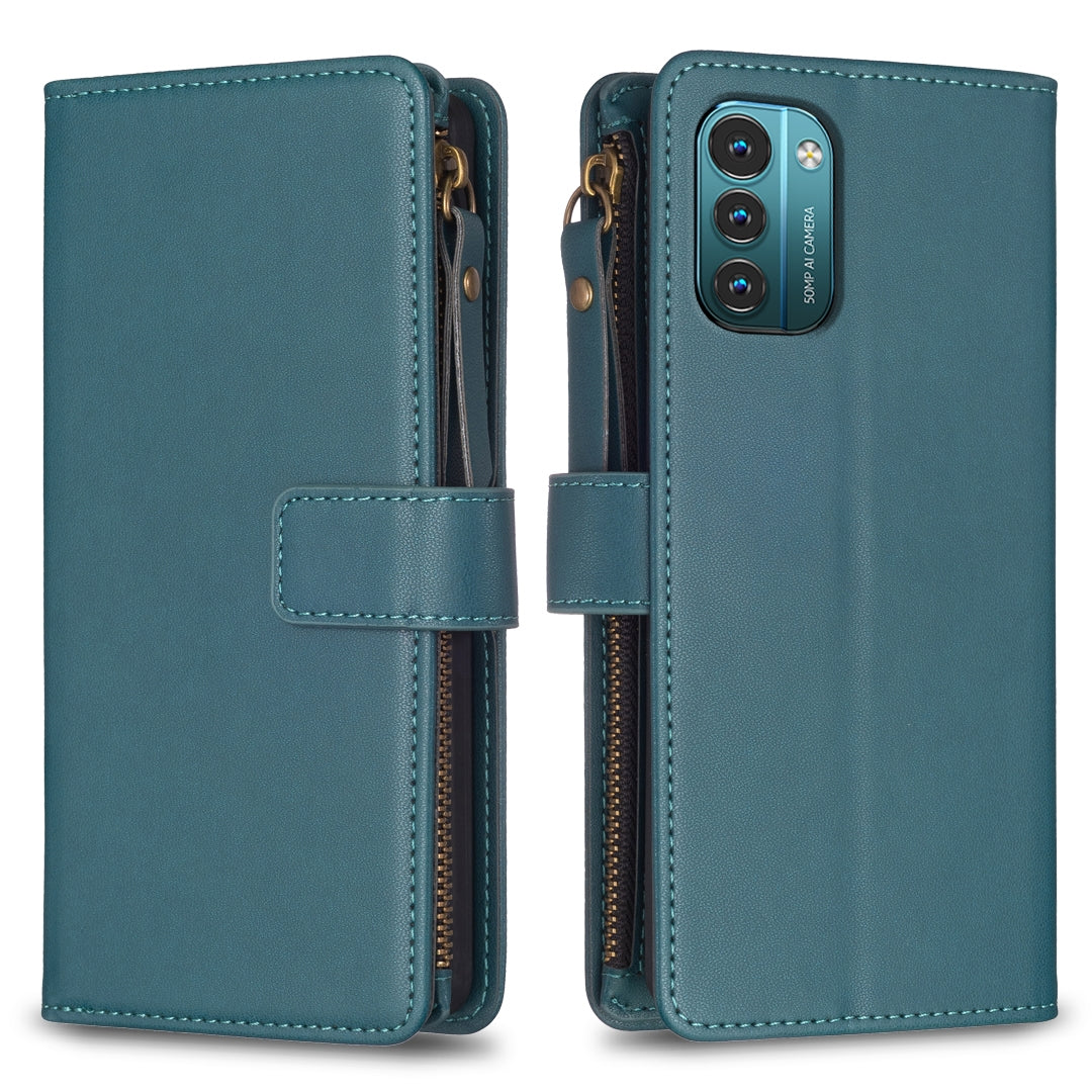 Nokia G11 Leather Flip Phone Case with Zipper Wallet and 9 Card Slots, Durable PU + TPU Material