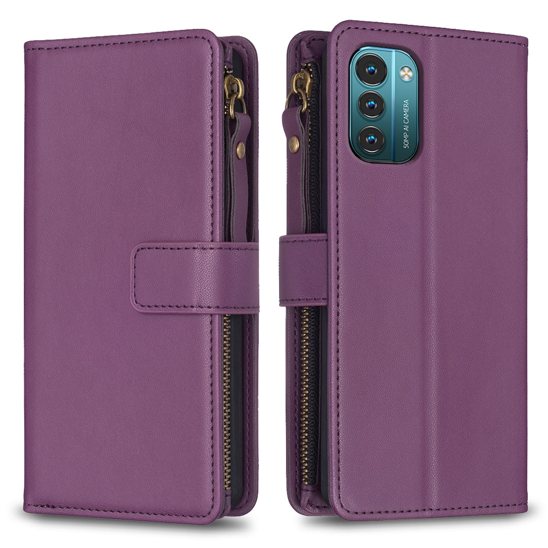 Nokia G11 Leather Flip Phone Case with Zipper Wallet and 9 Card Slots, Durable PU + TPU Material