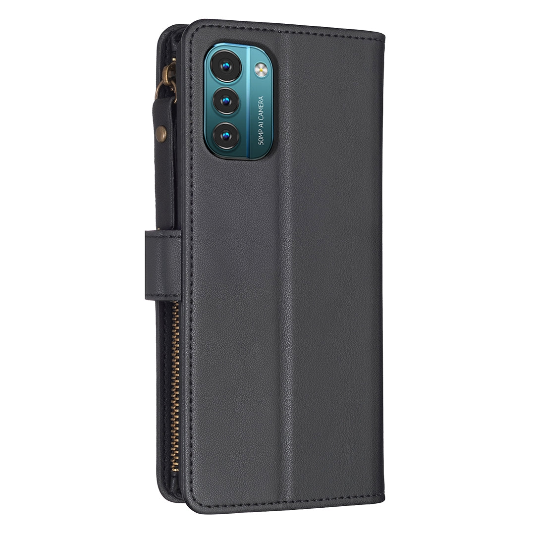 Nokia G21 Leather Flip Phone Case with Zipper Wallet and 9 Card Slots, Durable PU + TPU Material