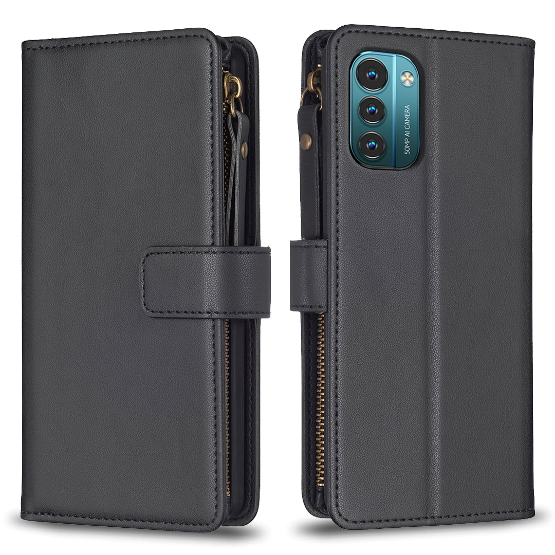 Nokia G11 Leather Flip Phone Case with Zipper Wallet and 9 Card Slots, Durable PU + TPU Material