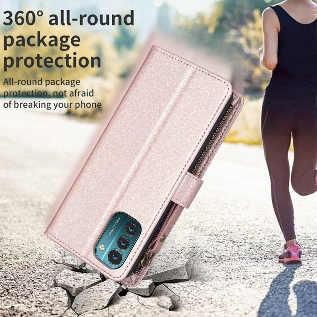 Nokia G21 Leather Flip Phone Case with Zipper Wallet and 9 Card Slots, Durable PU + TPU Material